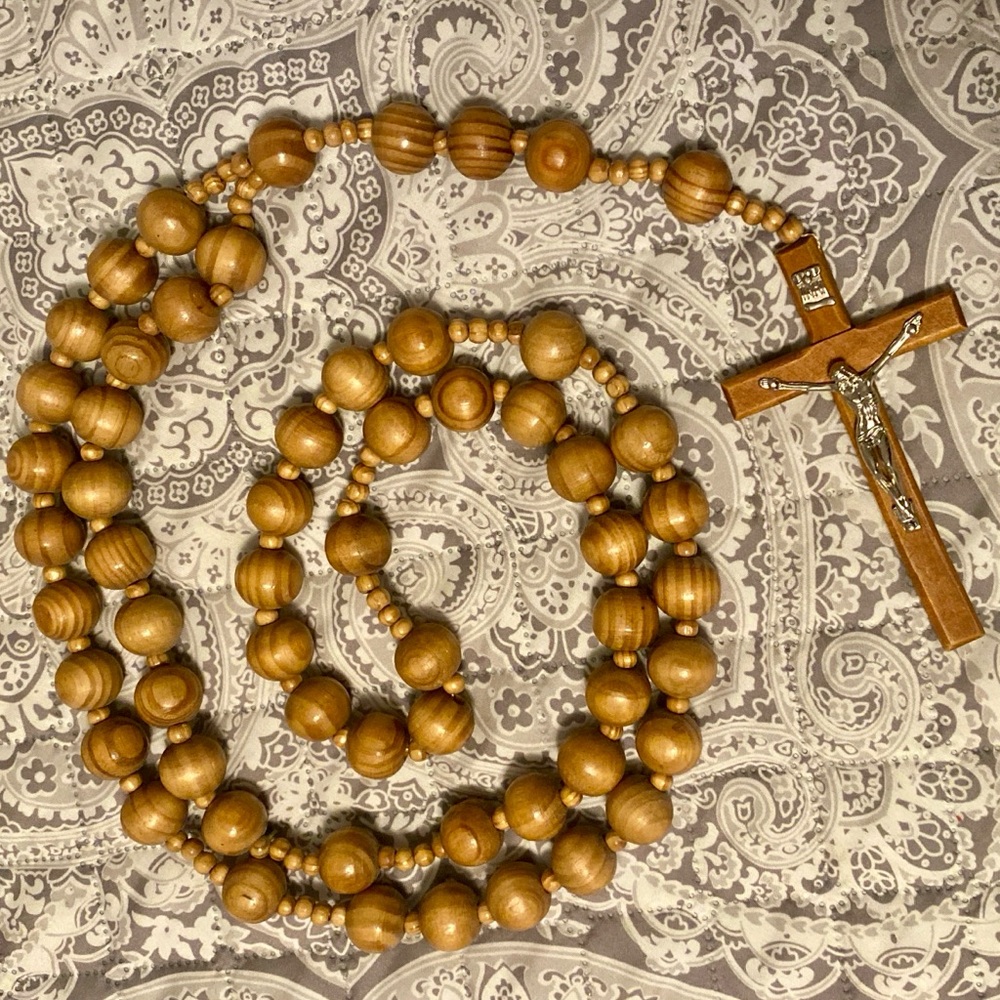 Large Wooden Rosary Beads with Crucifix - Light Brown